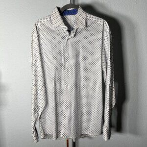 Bertigo 100% Cotton White w Blue Geometric Print Long-Sleeve Button-Up SZ Lrg